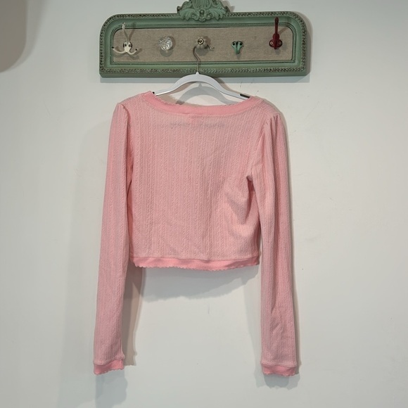Sugar Thrills cardigan pastel pink knit cropped long sleeve front daisy button L - Picture 5 of 5